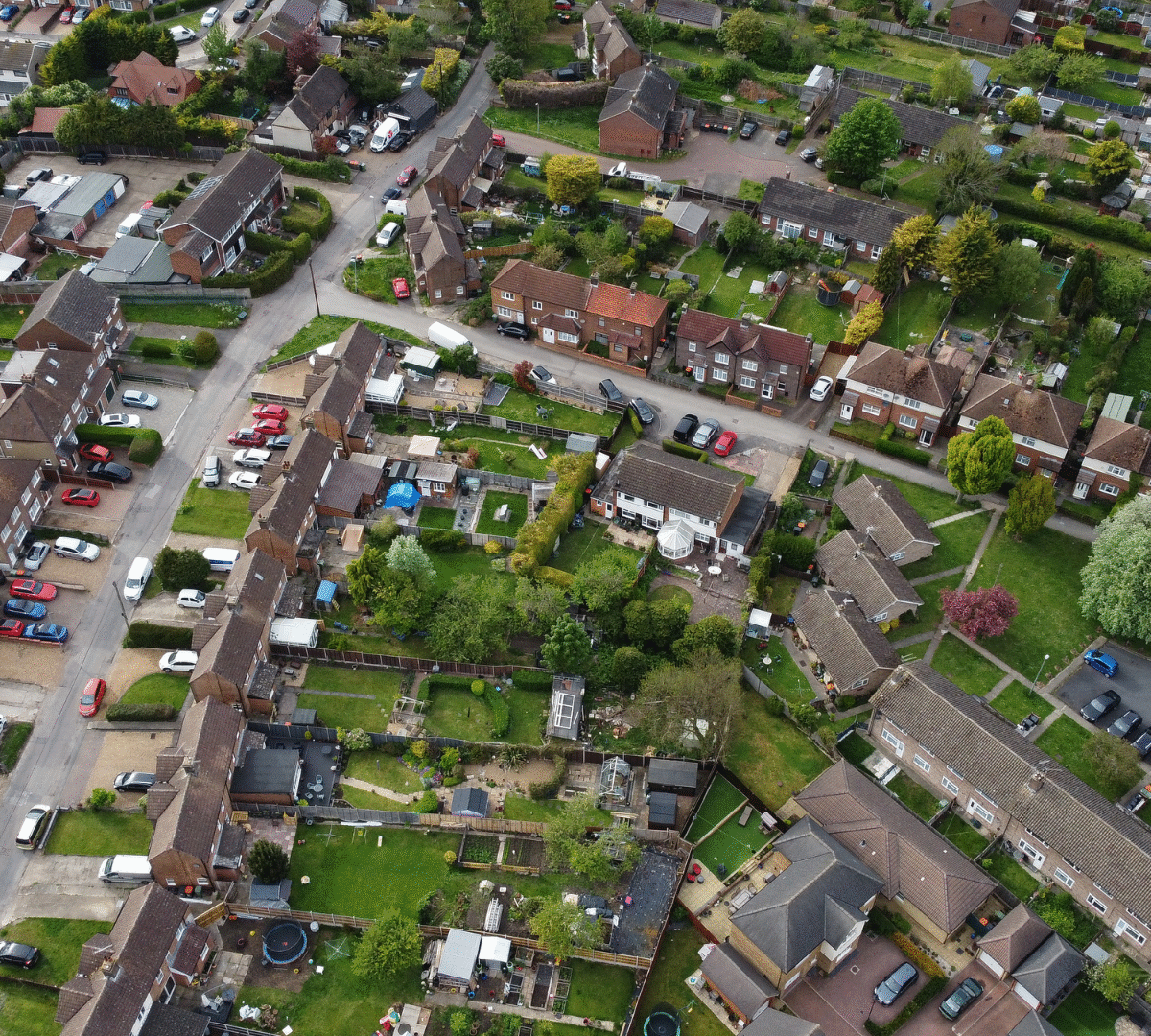 A picture taken from above of a suburban UK neighbourhood