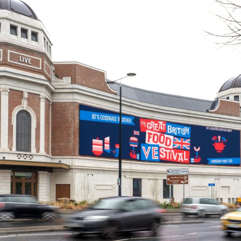 A Great British Food Festival banner on the side of the Bradford Live building